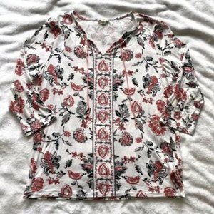 Tribal Jeans Floral White & Coral Three Quarter Length Top